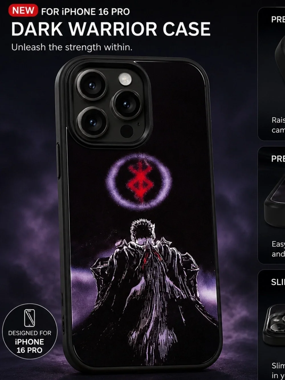 Dark Warrior Case for iPhone 16 Pro - Black/Purple Graphic